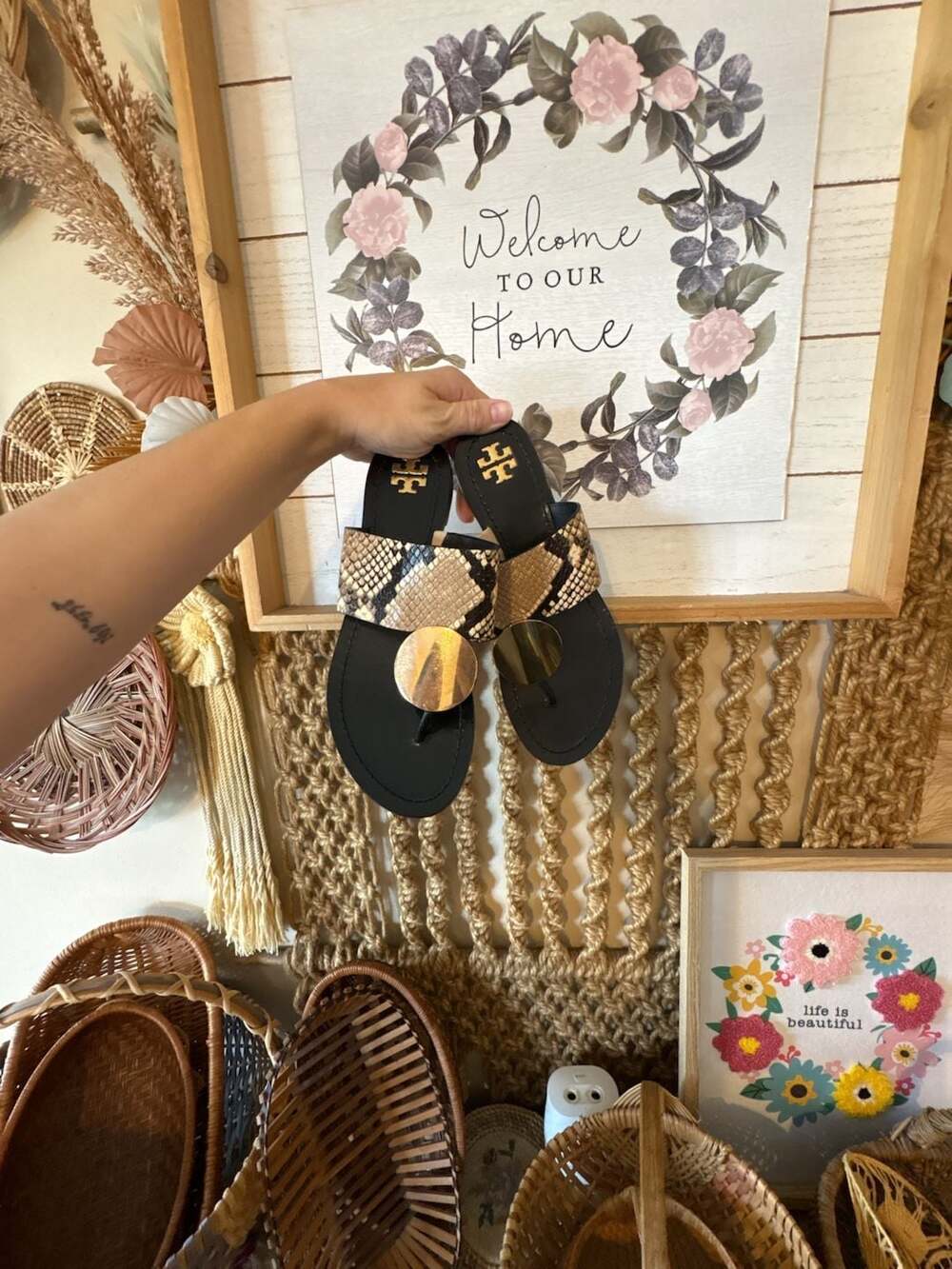 Tory Burch Patos Disk Thong Sandals in Desert Roccia Snake Print